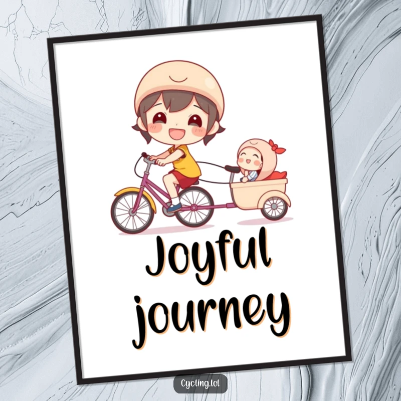 Funny bicycle digital art print of a beaming character happily cycling with a laughing passenger in a trailer.