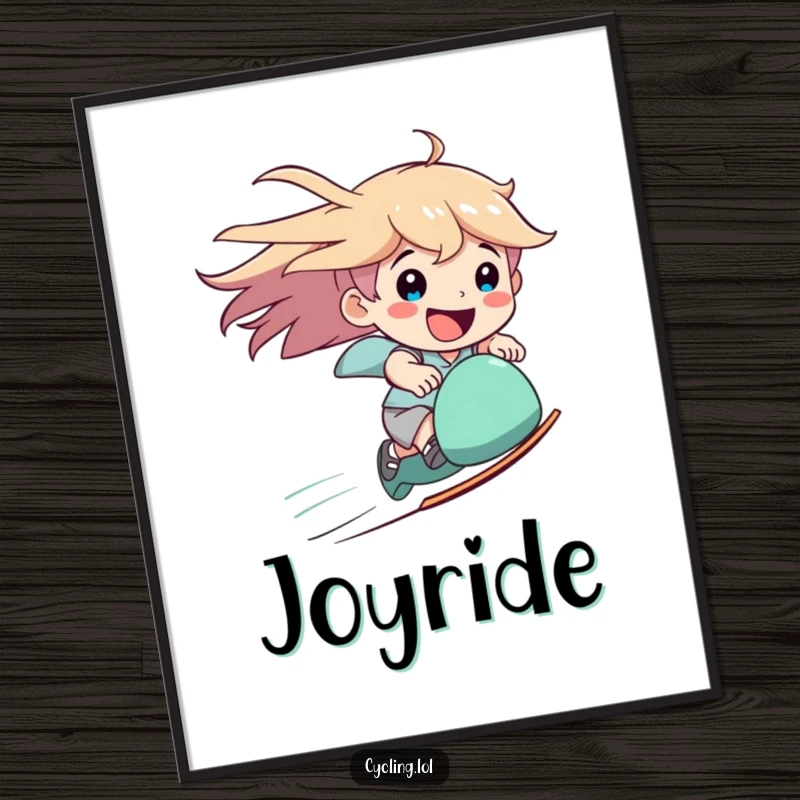 Funny speed digital art print of a character joyfully speeding downhill with windblown hair and a happy smile.