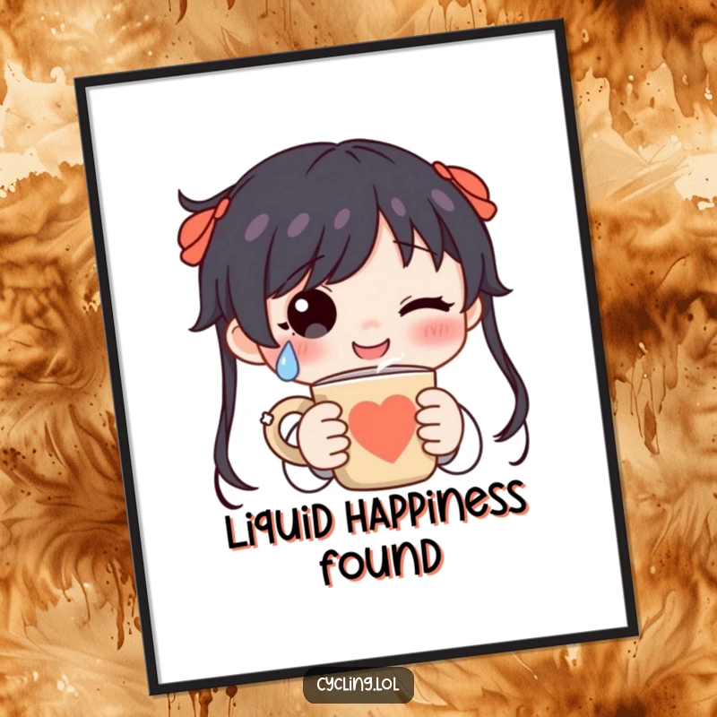 Funny character with a happy tear holding a steaming mug, as digital art, conveying pure coffee-induced bliss and joy.