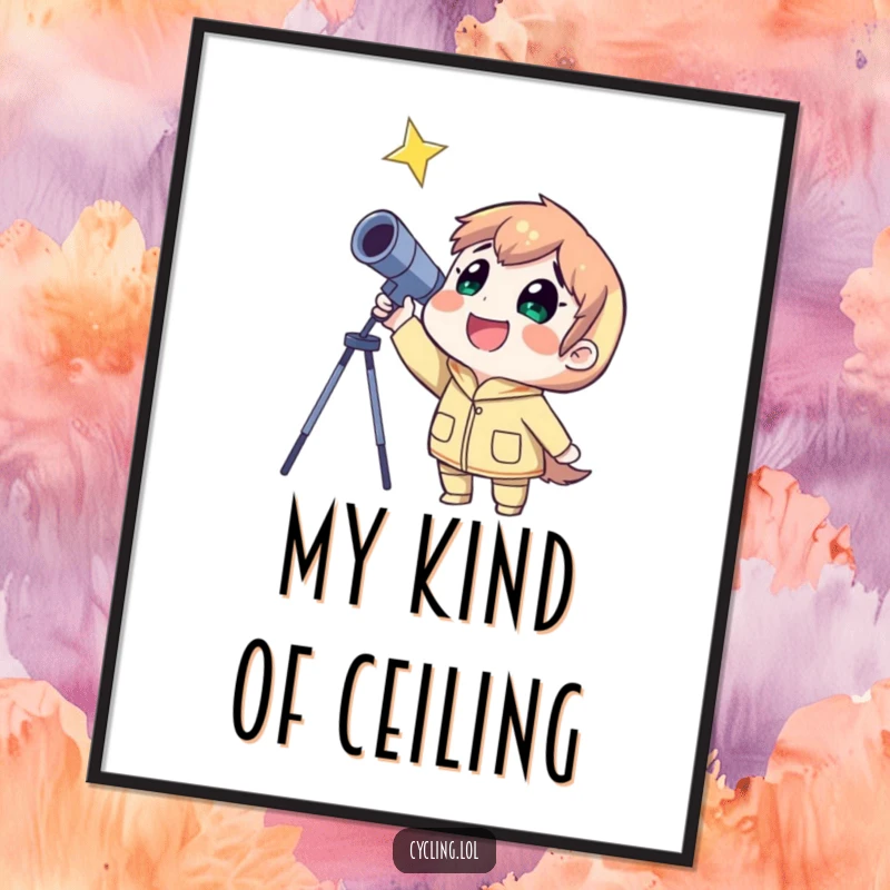 Funny digital art print of a character joyfully stargazing with a telescope, capturing the awe of the cosmos.