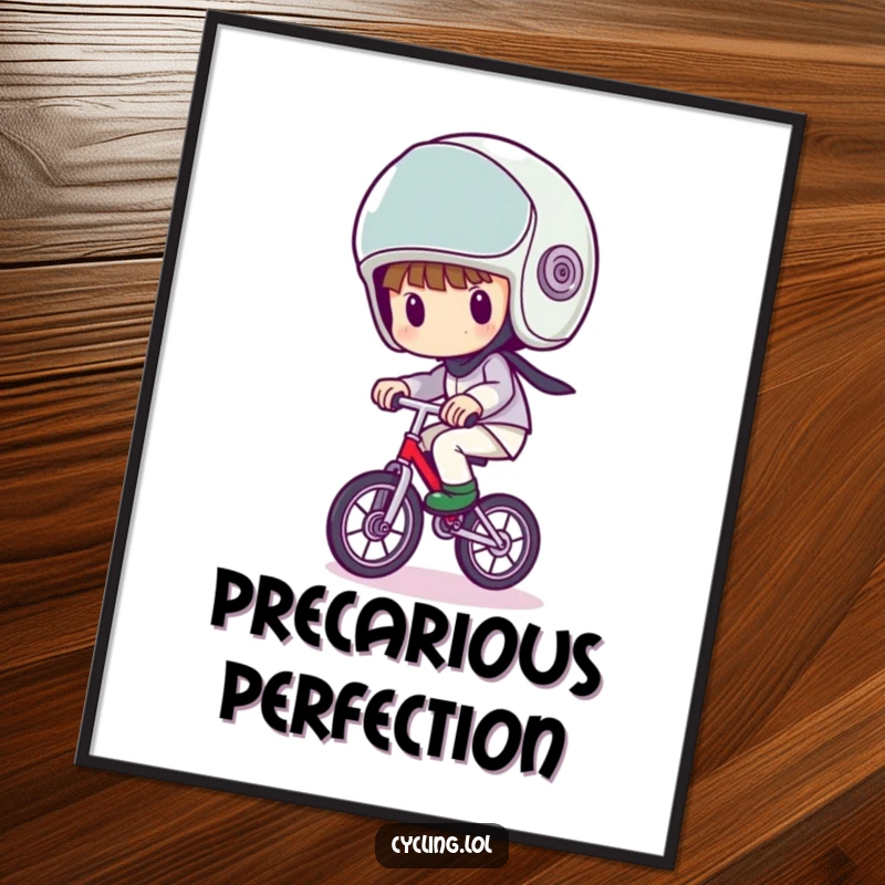 Funny digital art print of a character with a comically large helmet, wobbling precariously on a unicycle, full of movement and humor.
