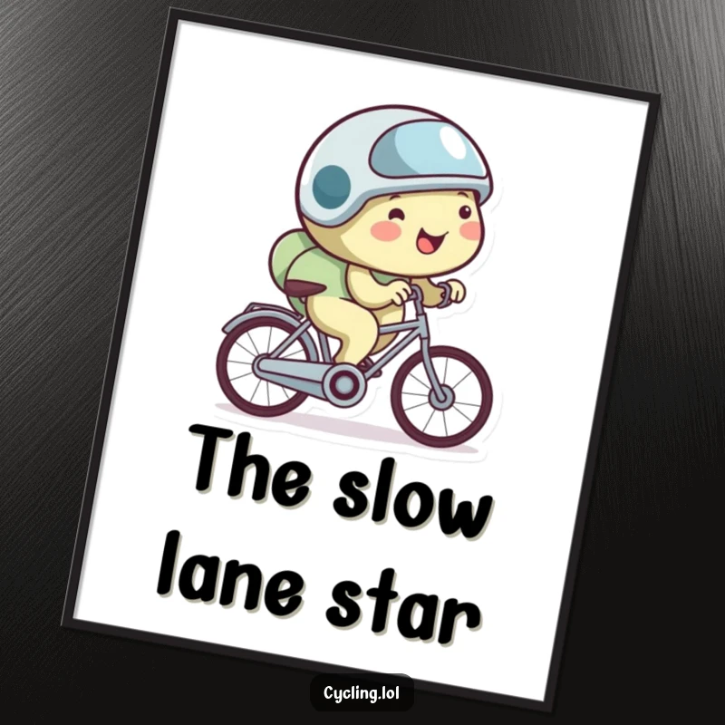 Funny snail digital art print featuring a happy snail wearing a small helmet and cycling very slowly.