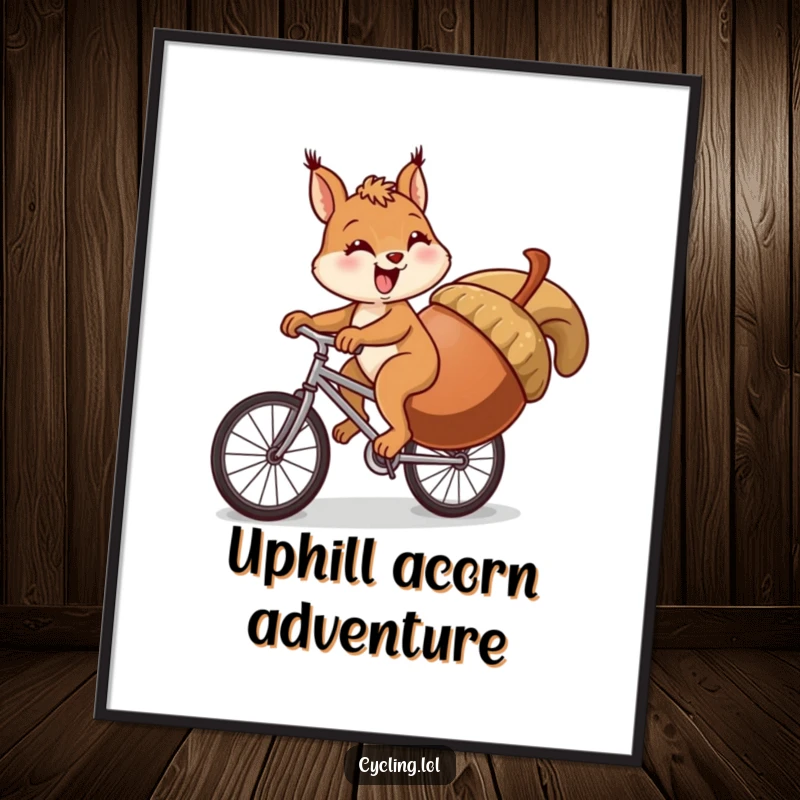 Funny squirrel digital art print showing a squirrel comically struggling to pedal a bike uphill with a giant acorn.