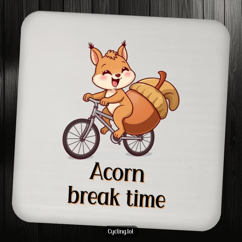 Funny squirrel coaster illustrating a squirrel comically struggling to cycle uphill with an enormous acorn.