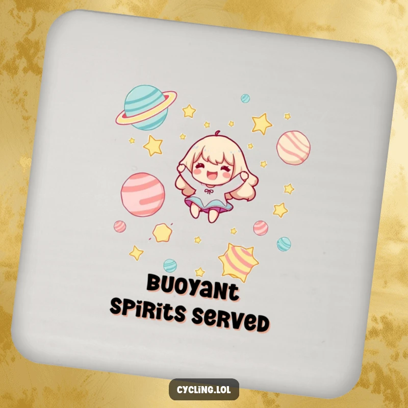 Funny drink coasters showing a character joyfully floating among cartoon stars and planets, protecting surfaces with fun.