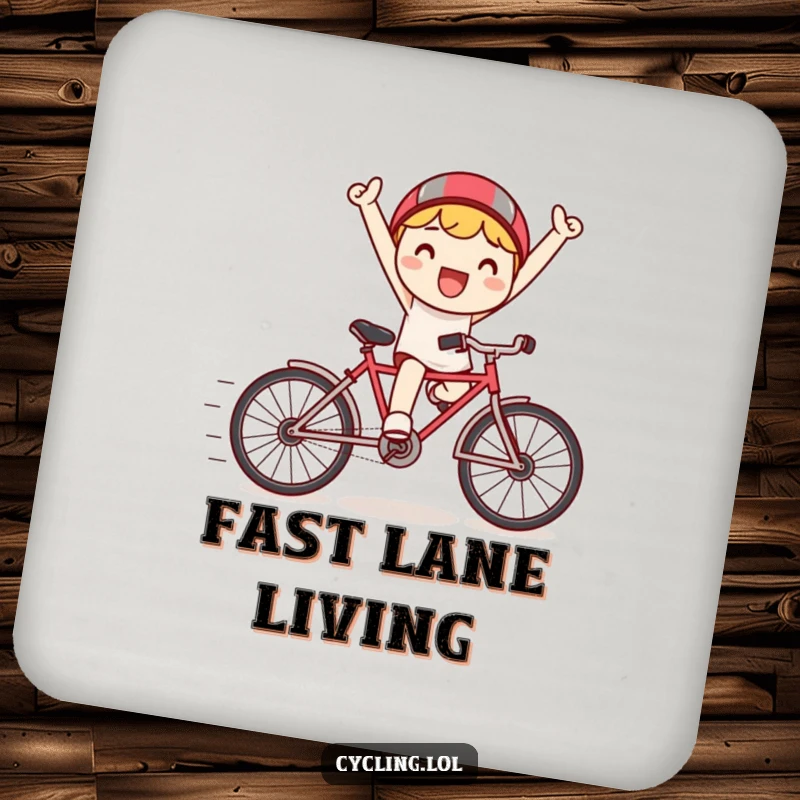 Funny drink coaster featuring a Kawaii character triumphantly riding a tiny bicycle with speed lines, designed for surface protection.