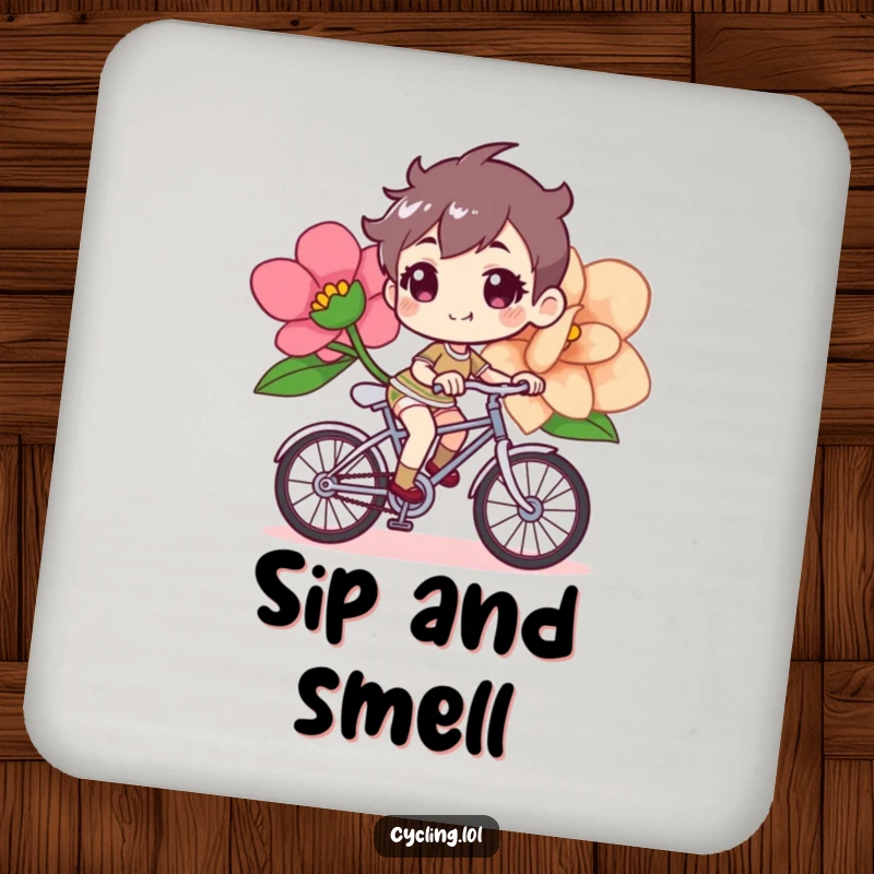 Funny bicycle drink coasters depicting a determined, cheerful character riding a bike with a giant flower.