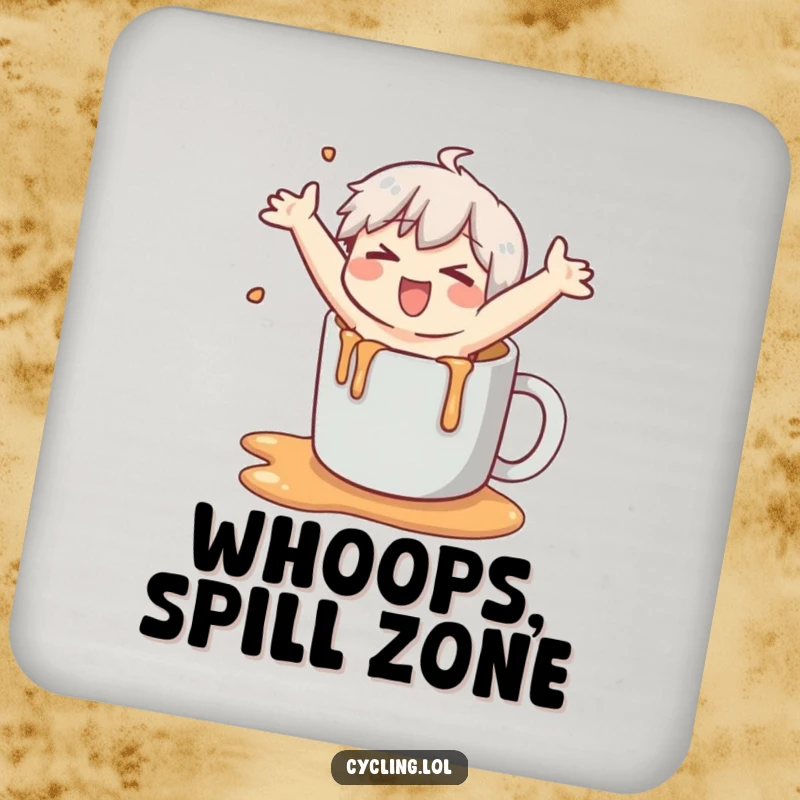 Funny drink coaster showcasing a character comically slipping on spilled liquid, arms flailing, protecting surfaces with humor.