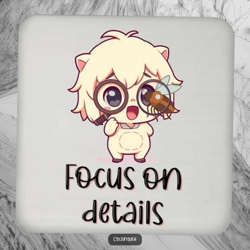 Funny Coasters: A character with a monocle excitedly inspects a magnified insect, offering humorous protection for tables and a delightful gift for guests.