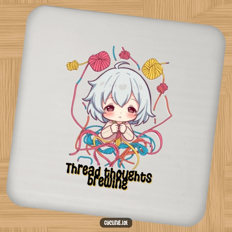 Funny Drink Coaster: Artist character surrounded by threads, thoughtfully studying a pattern, humorous table protection.