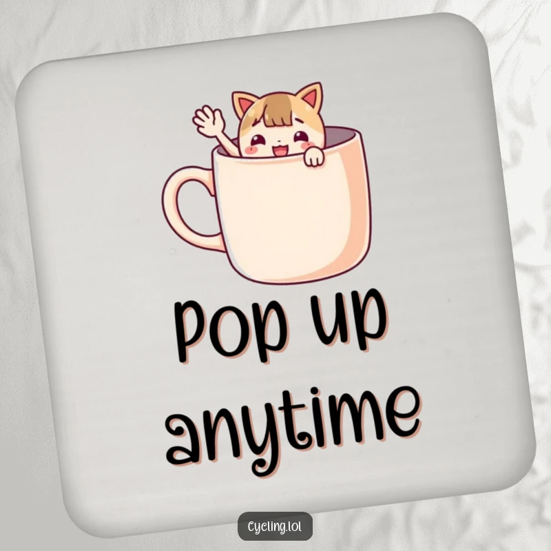 Funny drink coaster featuring a character peeking from a giant mug and waving enthusiastically, designed to protect surfaces with cheerful humor.