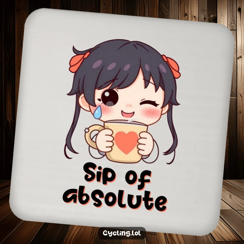 Funny character shedding a happy tear while holding a steaming mug on a drink coaster, bringing joy to tabletops.