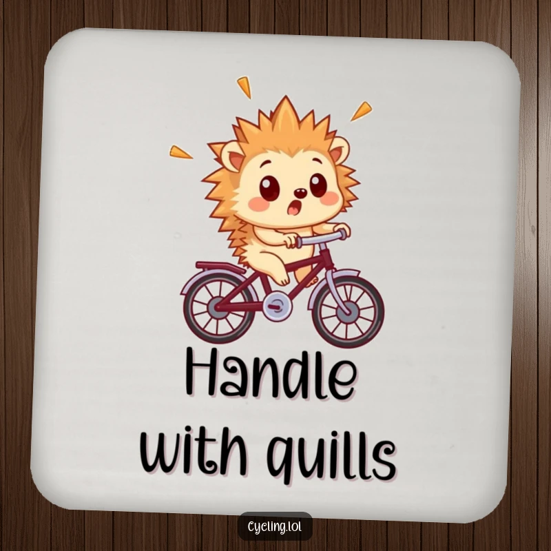 Funny hedgehog coaster showing a surprised hedgehog with quills flying as it rides a tiny bicycle.