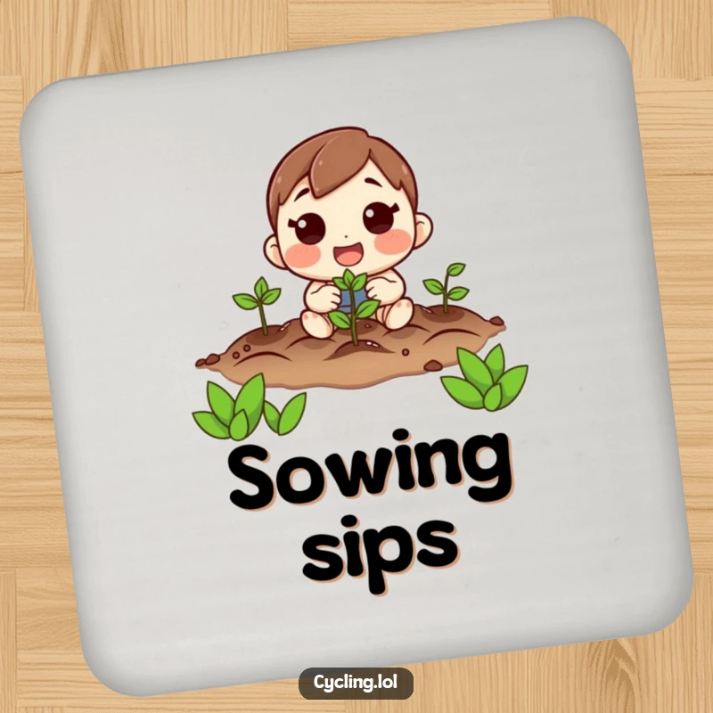 Funny drink coaster with a hopeful planter character, celebrating new growth and adding a touch of garden humor to tabletops.