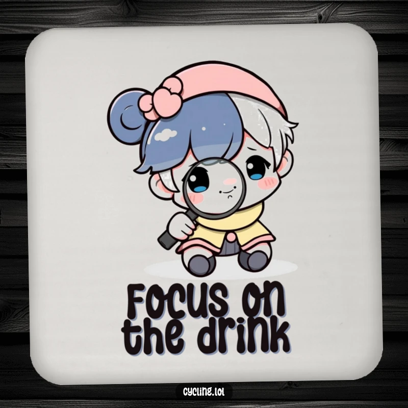 Funny drink coasters featuring a character examining a smiling moon with a magnifying glass, protecting surfaces with detail.