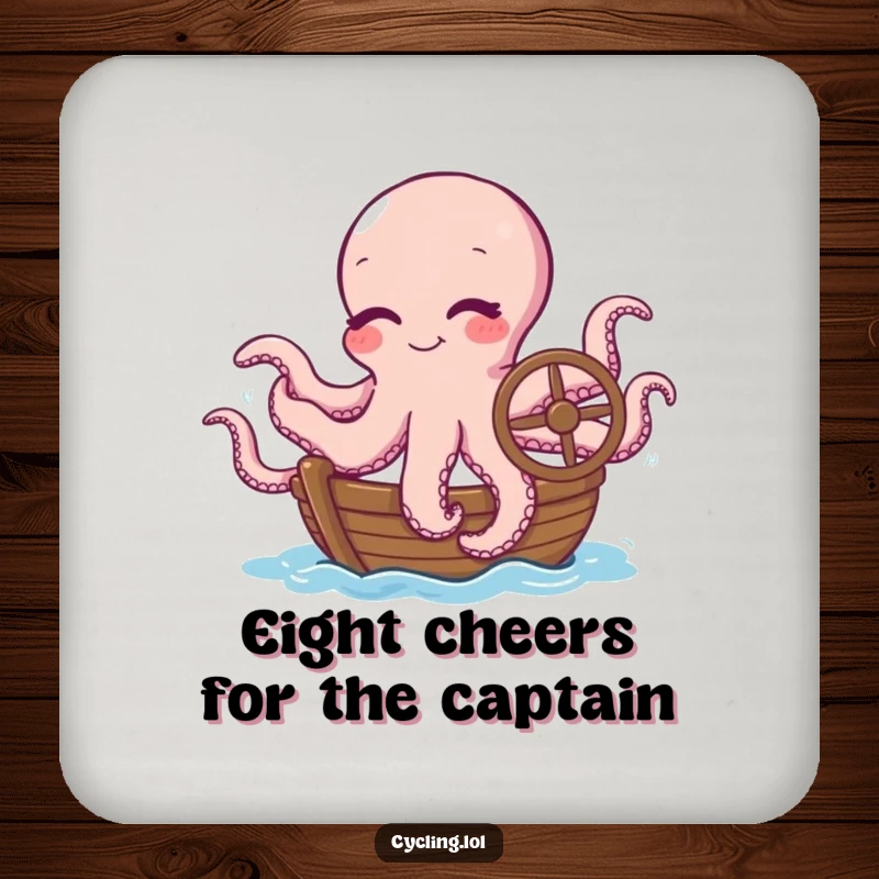 Funny drink coaster featuring a winking octopus humorously steering a boat, protecting tables with a nautical and comical flair.