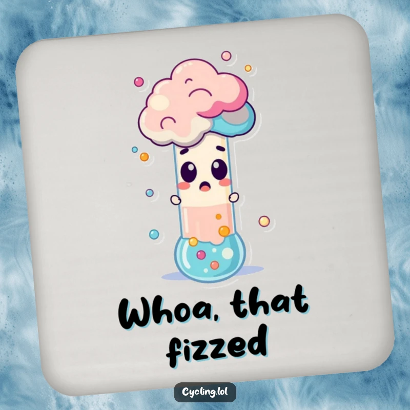 Funny Drink Coaster featuring a surprised character watching a test tube erupt with colorful foam, adding a humorous scientific touch.