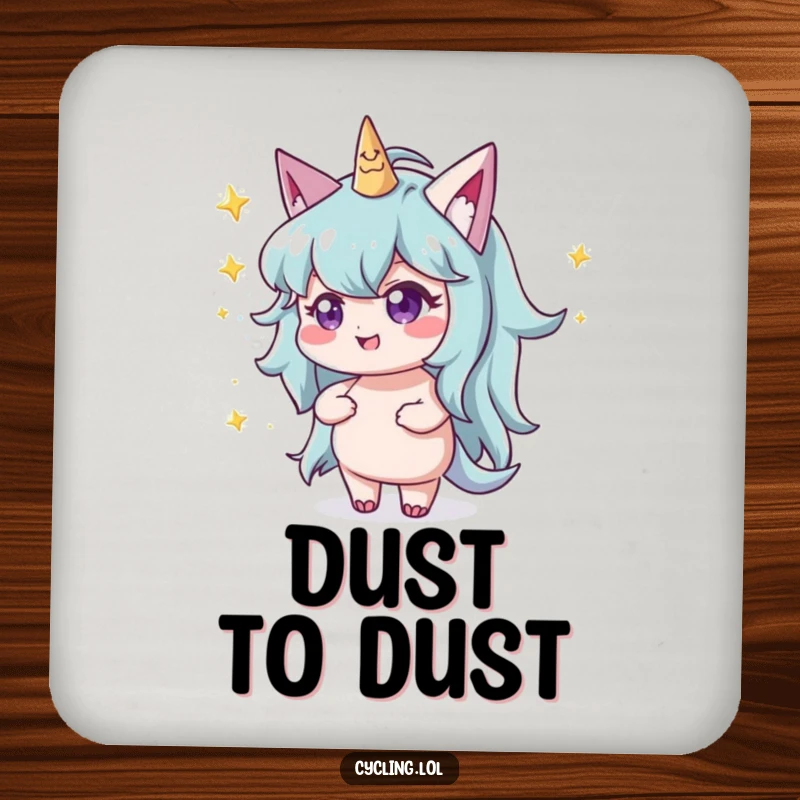 Funny character with a mischievous twinkle throwing glittery stardust on a protective drink coaster, adding a magical touch.