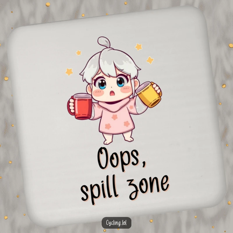 Funny surprised character juggling three colorful mugs on a drink coaster, adding a humorous element to table protection.