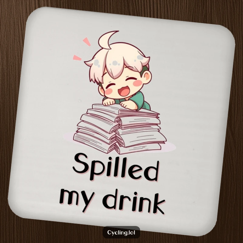 Funny drink coaster showing a character laughing while tripping over research papers, offering protection with a humorous academic design.