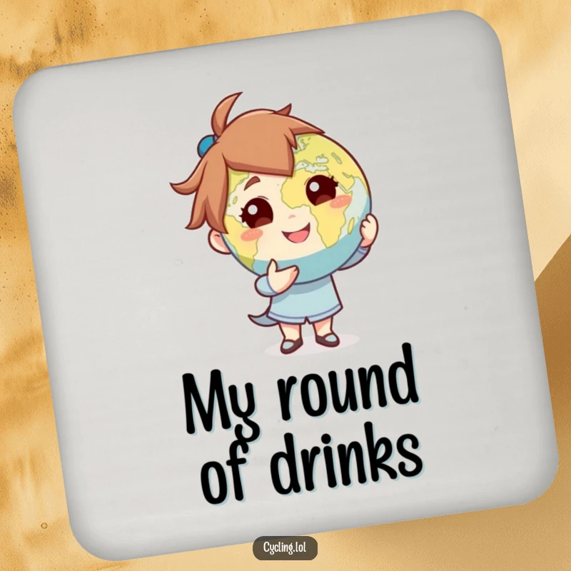 Funny drink coaster showing a character presenting the globe with a confident flourish, offering protection with a humorous and commanding design.