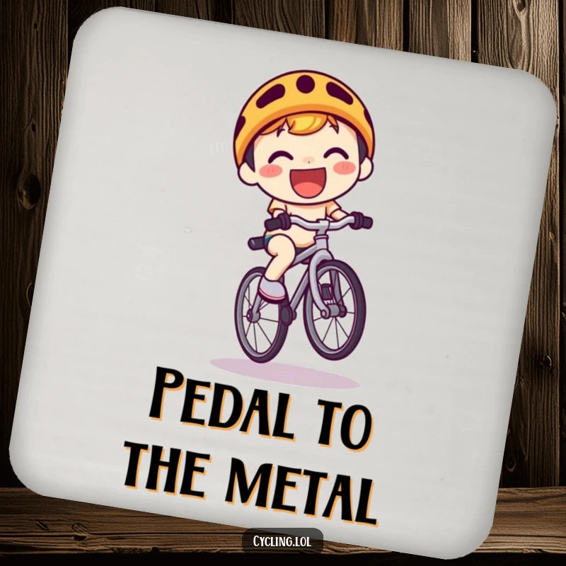 Funny Coaster: A grinning kawaii character performs a bicycle wheelie, adding a fun and protective element to tabletops.