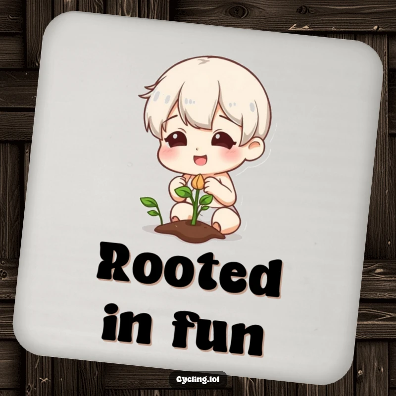 Funny drink coaster with a character smiling curiously at a plant with a sprouting seed, protecting surfaces with garden vibes.