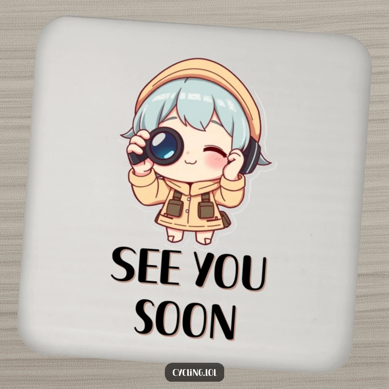 Funny Coasters: Character intensely using binoculars, ideal for protecting tables with a humorous touch, perfect for adventurers and anyone who enjoys a good laugh.