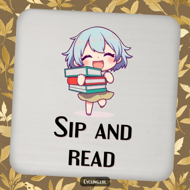 Funny Drink Coaster featuring a joyful character precariously balancing a stack of books, adding a humorous and bookish touch.