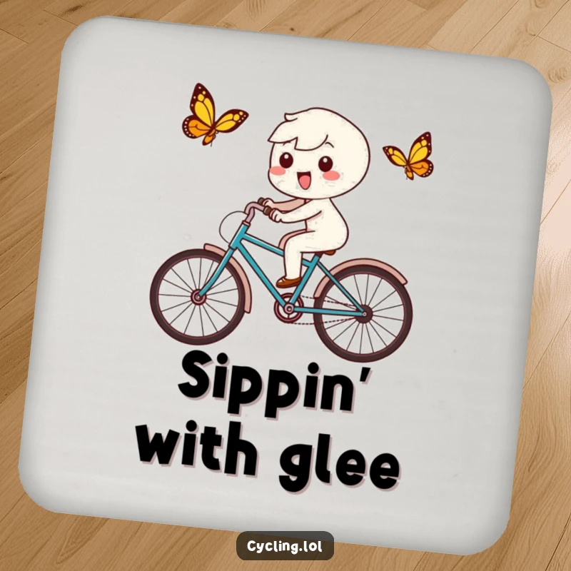 Funny drink coaster featuring a delighted Kawaii character chasing a butterfly on a bicycle, designed for surface protection with a cheerful touch.
