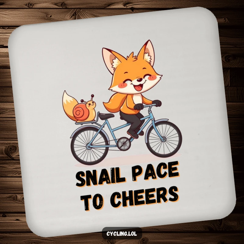 Funny drink coaster featuring a grinning fox and snail pedaling a tandem bike, offering humorous friendship and protection.