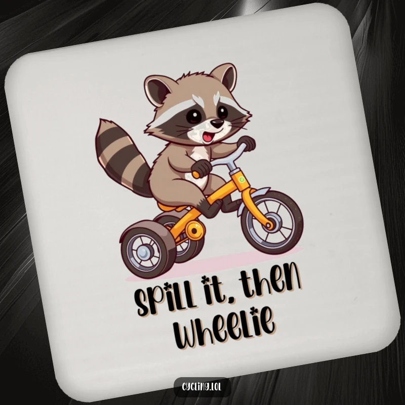 Funny Raccoon Coaster: A raccoon performs a wheelie on a tricycle, adding a humorous touch to drink tables.