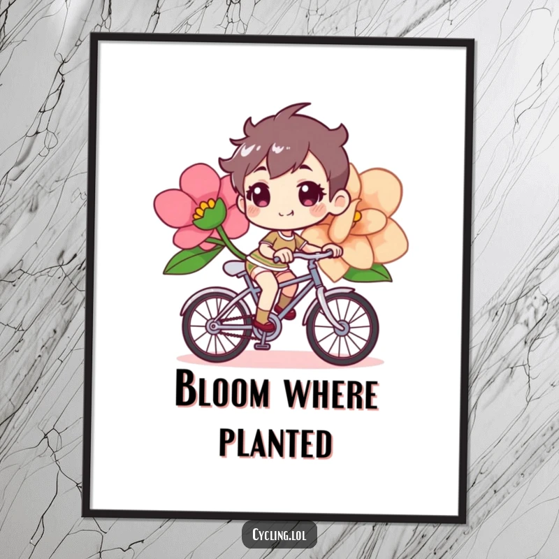 Funny bicycle poster illustrating a determined, cheerful character steering a bike adorned with a large, vibrant flower.