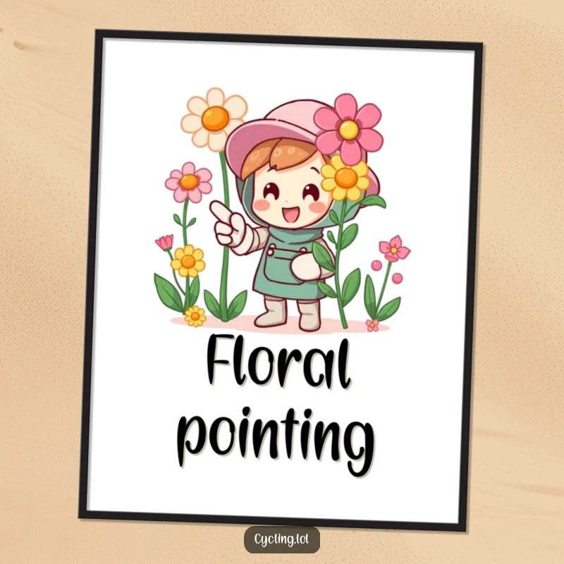 Funny poster art of a character with a gardening glove, pointing excitedly at blooming flowers, celebrating botanical beauty.