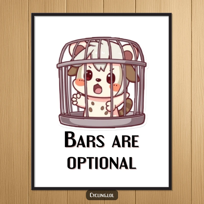 Funny Poster: Character playing surprised inside a cage, a humorous artwork depicting mischief and wit, perfect for adding personality to any room and a great gift.