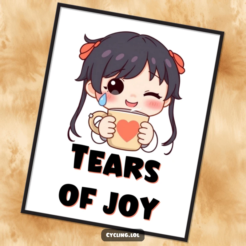 Funny character shedding a happy tear while holding a steaming mug, depicted as heartwarming wall art for coffee enthusiasts.