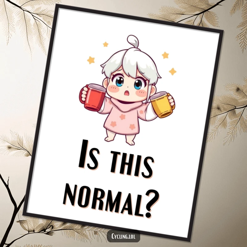 Funny surprised character juggling three colorful mugs as wall art, a humorous and eye-catching poster for coffee enthusiasts.