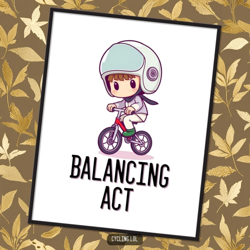 Funny poster of a character with a comically large helmet, wobbling precariously on a unicycle, a humorous and dynamic artwork.