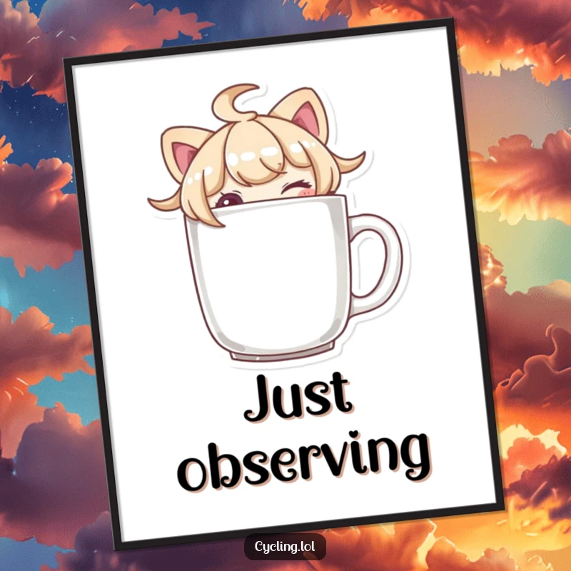 Funny character peeking over a mug brim and winking, as humorous wall art, perfect for adding playful charm to decor.