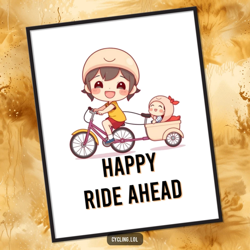 Funny bicycle poster illustrating a beaming character joyfully cycling with a tiny, laughing passenger in a trailer.