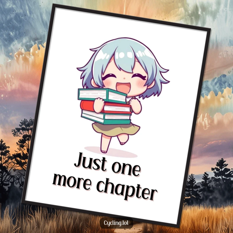 Funny Poster depicting a joyful character precariously balancing a stack of books, symbolizing the overwhelming love for reading.