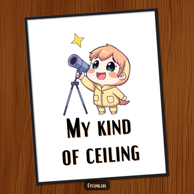 Funny poster art of a character joyfully stargazing through a telescope at a bright star, evoking wonder.