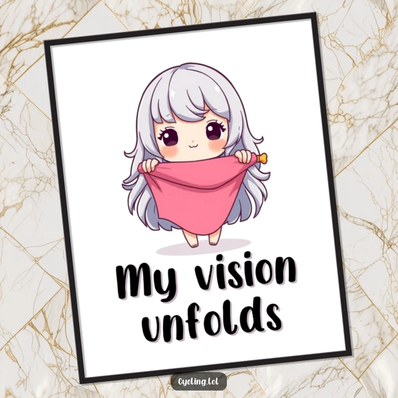 Funny Poster: Seamstress character unfurling a bolt of fabric, her face alight with a humorous, grand design concept, artistic wall decor.