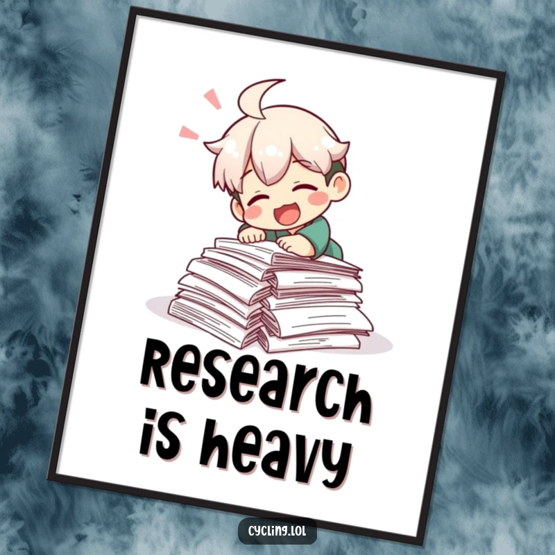 Funny poster capturing a character comically tripping over a pile of research papers while laughing, creating humorous wall art.