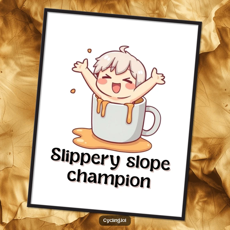 Funny poster print of a character in mid-slip on spilled liquid, arms windmilling comically, capturing a moment of hilarious, cartoonish disaster.