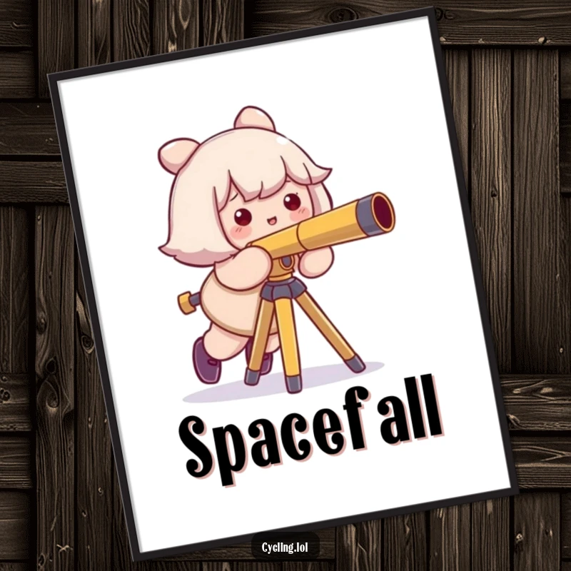 Funny poster print of a character comically tripping over a telescope tripod with a sheepish expression, celebrating astronomy's funny side.