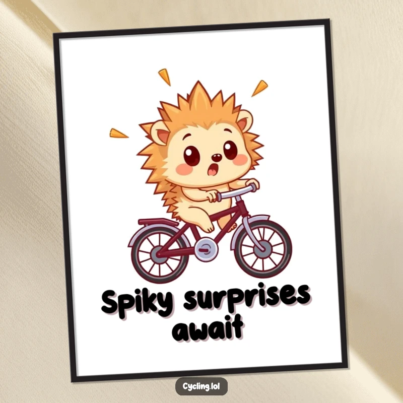 Funny hedgehog poster depicting a surprised hedgehog with quills flying as it rides a tiny bicycle, adding visual fun.