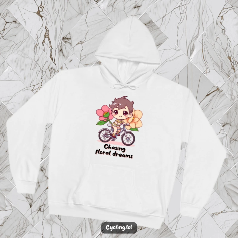 Funny bicycle hoodie featuring a determined, cheerful character cycling with a giant flower, offering warmth and style.