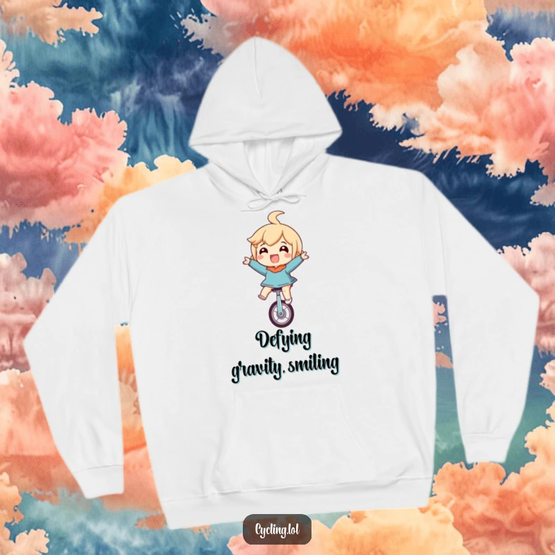 Funny hoodie depicting a character riding a unicycle upside down, eyes popped wide with sheer, uninhibited glee, a hilarious visual spectacle.