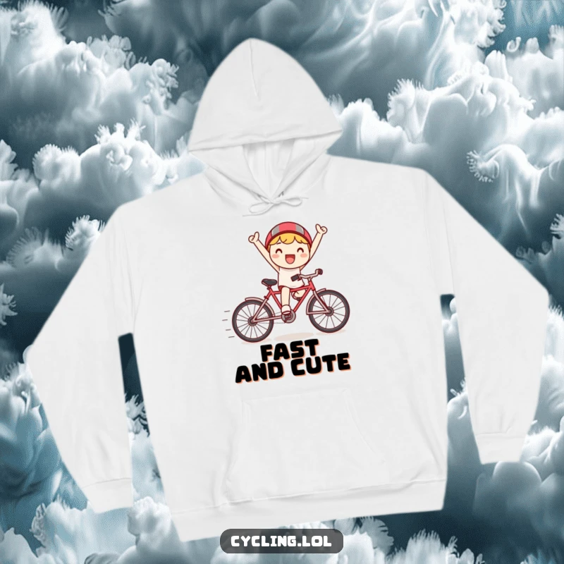 Funny hoodie showing a happy Kawaii character zooming on a tiny bicycle, speed lines emphasizing their triumphant, fast ride.
